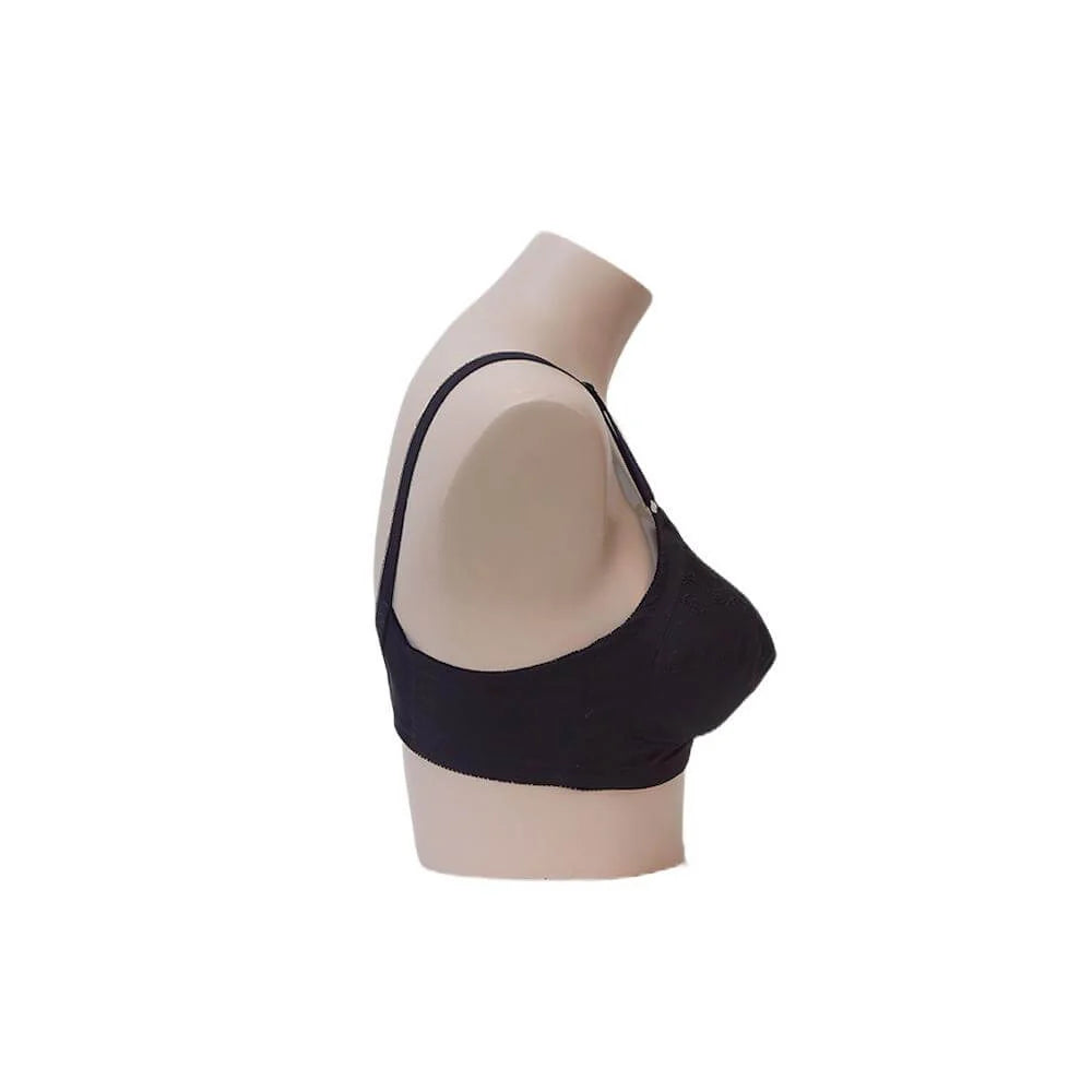 Black bra on a mannequin bust against a white background