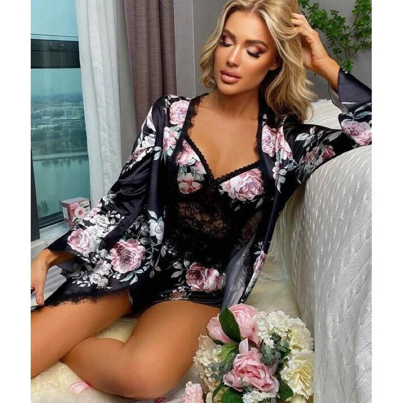 Intimate Lingerie Three Piece Floral with Robe and Shorts