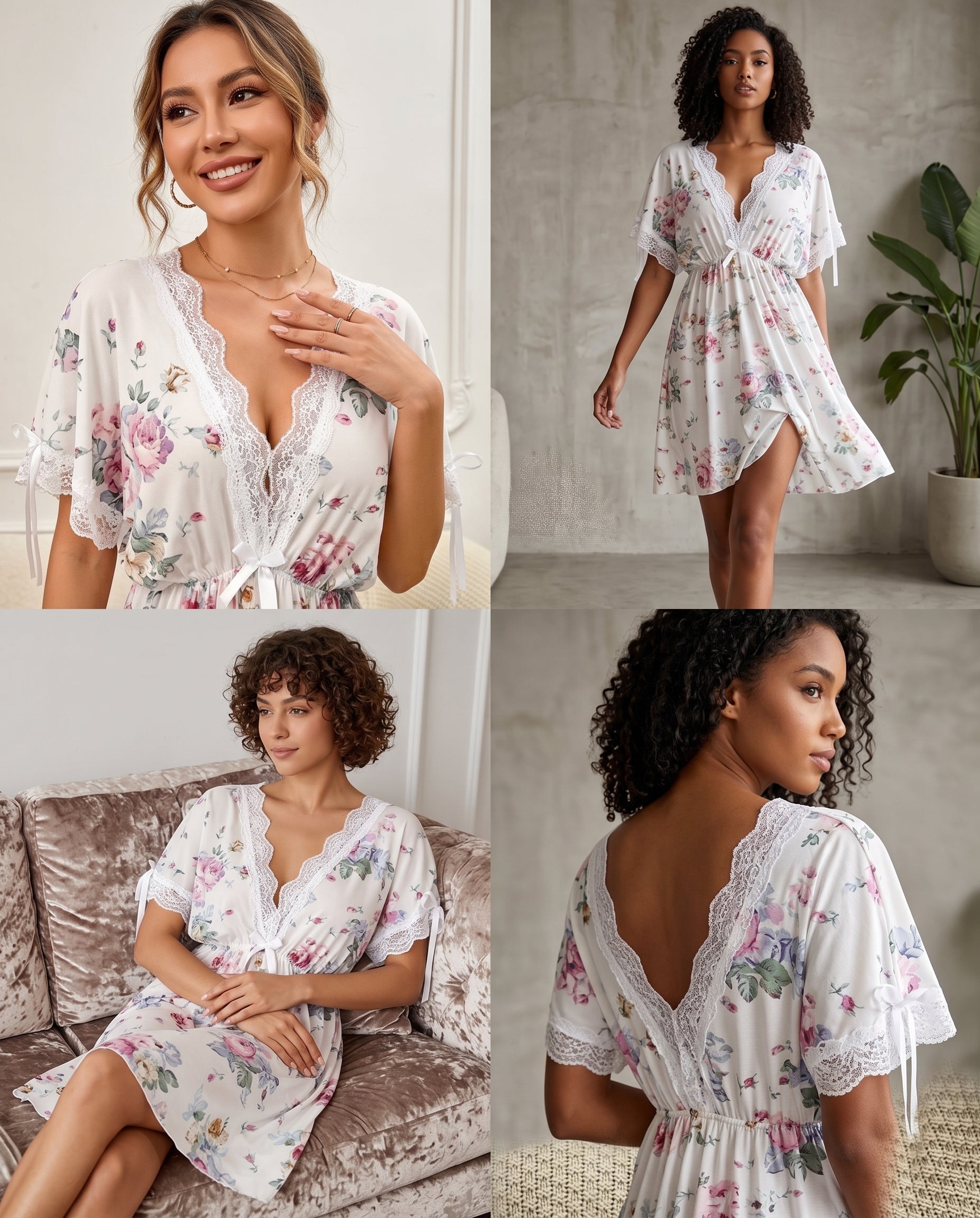 A four-panel collage showing a woman modeling a white floral robe-style dress with lace trim. The panels include a close-up of the face and chest area, a full-body standing view, a seated view on a couch, and a back view showing the open back and lace details.
