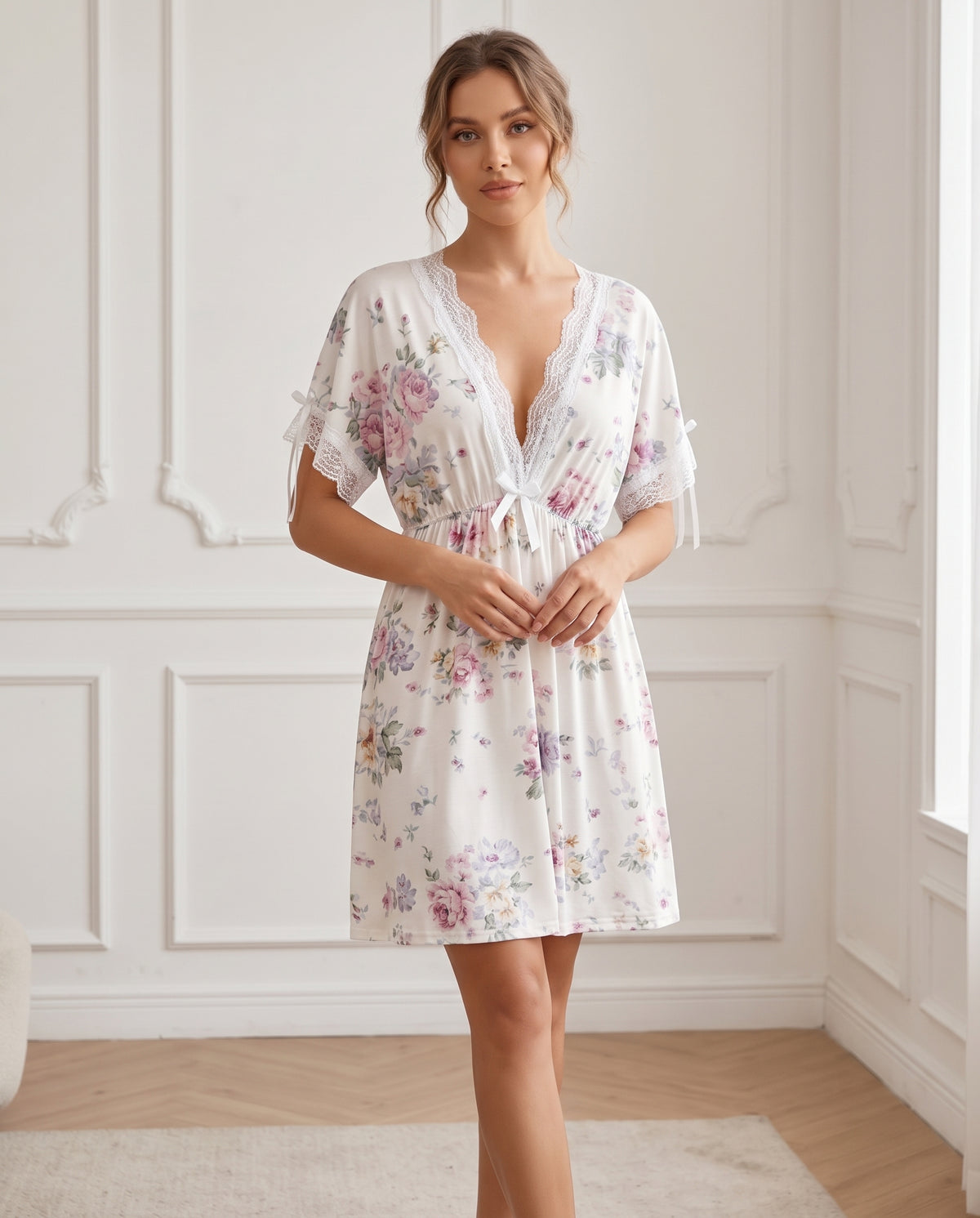 Intimate Floral Lace V-Neck Nighty Loungewear Lingerie Dress