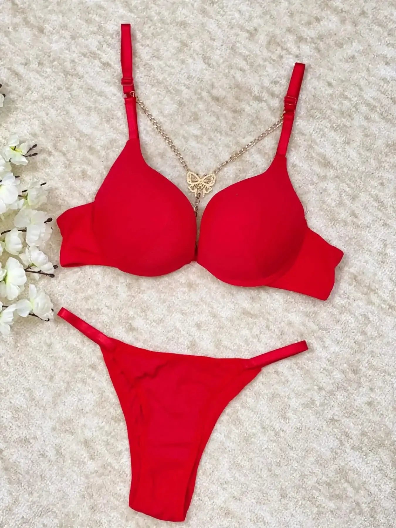 Intimate Lingerie Bra Panty Set with Butterfly Pendant Design red