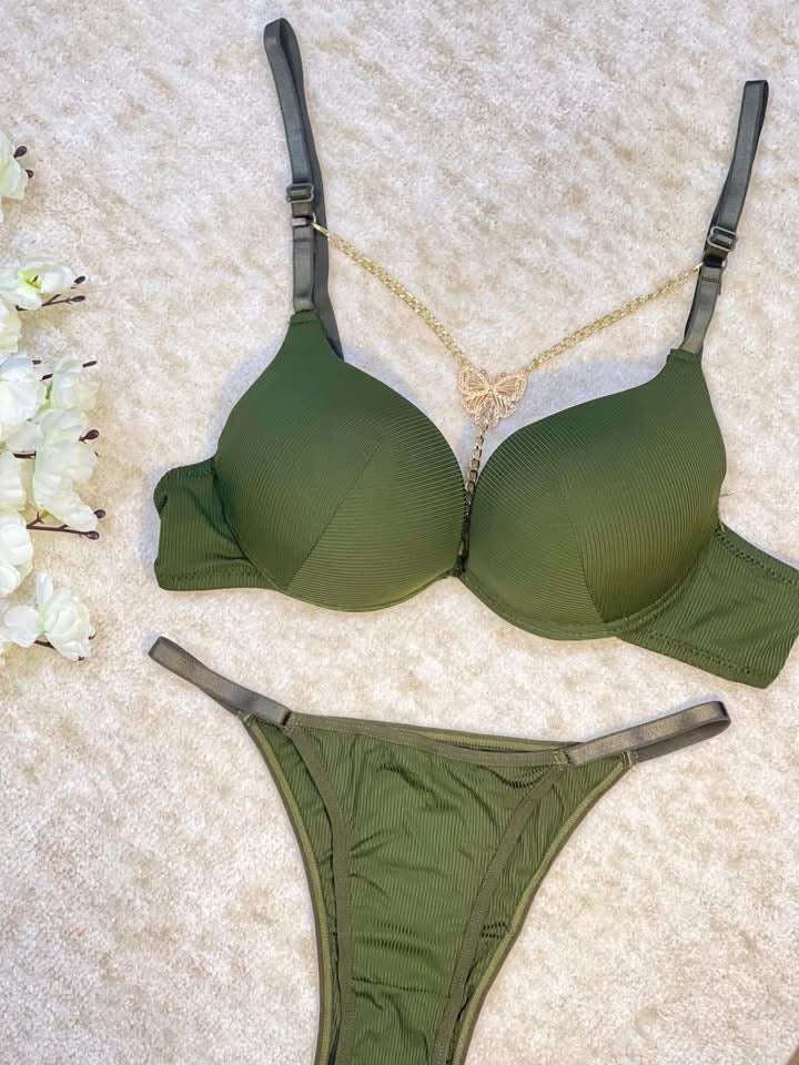Intimate Lingerie Bra Panty Set with Butterfly Pendant Design green