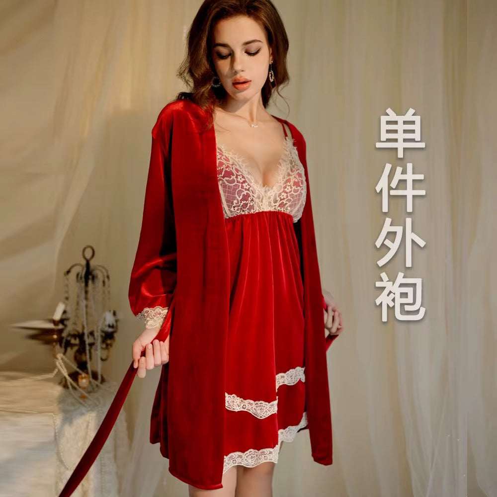 Intimate Lingerie Set Lace Trim Purple Babydoll Nightdress with Matching Robe