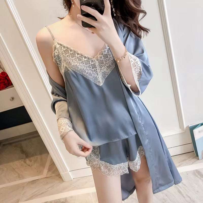 Intimate 3-Piece Satin Nightwear Set with Lace Trim – Camisole, Shorts & Robe