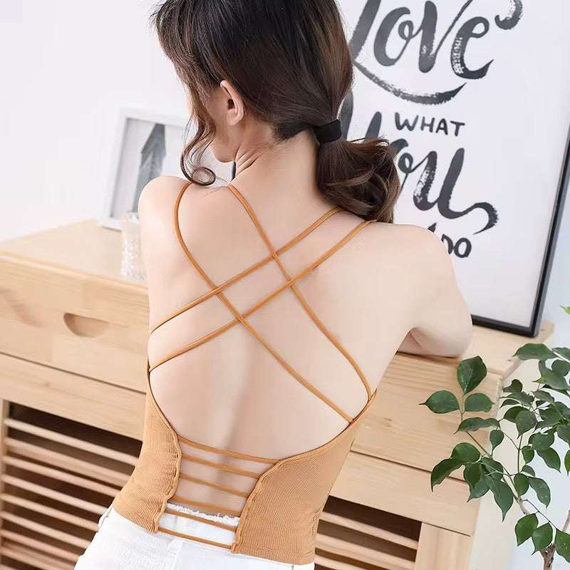 Strappy Back Camisole Crop Top – multi-color padded tank for women. Light, breathable & trendy with built-in cups. Perfect for layering & daily wear.