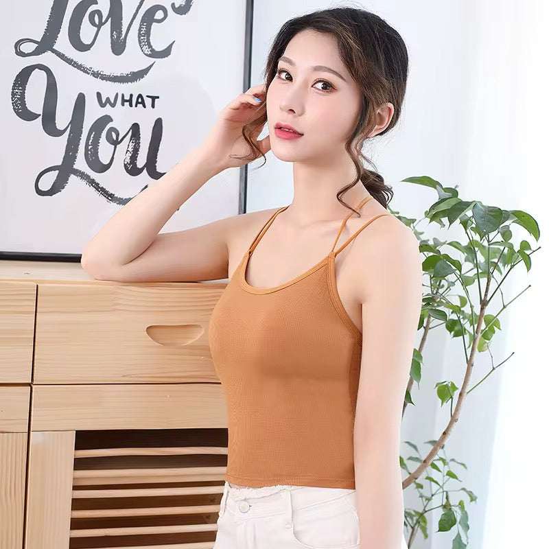 Strappy Back Camisole Crop Top – multi-color padded tank for women. Light, breathable & trendy with built-in cups. Perfect for layering & daily wear.