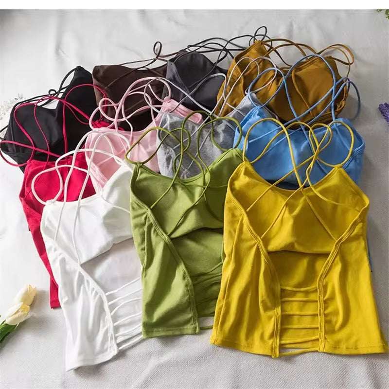 Strappy Back Camisole Crop Top – multi-color padded tank for women. Light, breathable & trendy with built-in cups. Perfect for layering & daily wear.