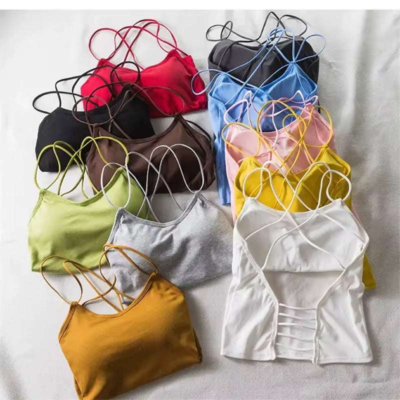 Strappy Back Camisole Crop Top – multi-color padded tank for women. Light, breathable & trendy with built-in cups. Perfect for layering & daily wear.