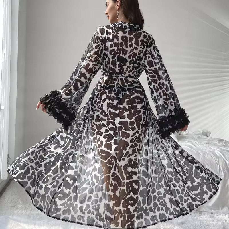 Intimate Sheer Leopard Print Lingerie Robe - Long Sleeves & Flounced Cuffs