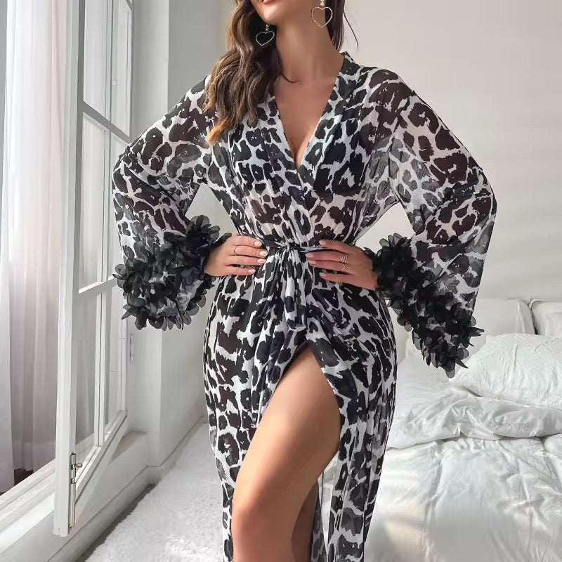 Intimate Sheer Leopard Print Lingerie Robe - Long Sleeves & Flounced Cuffs