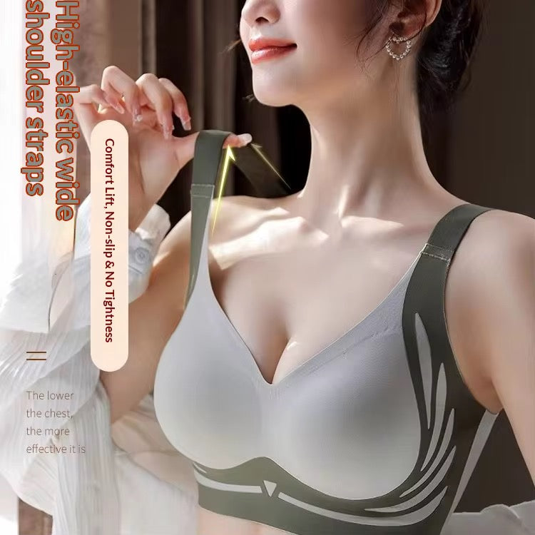 Woman wearing a gray bra with wide shoulder straps, text on the left side.