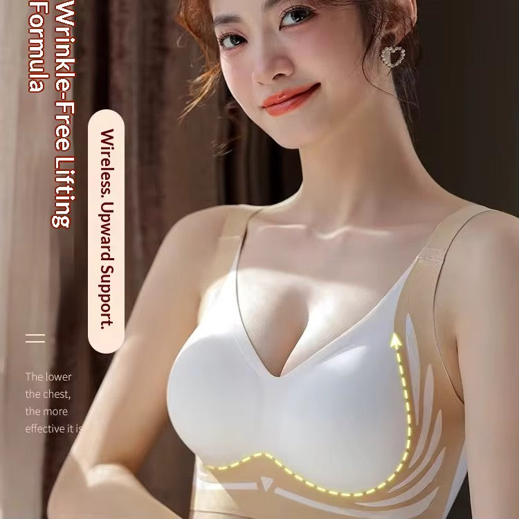 Woman wearing a white bra with text on a dark background