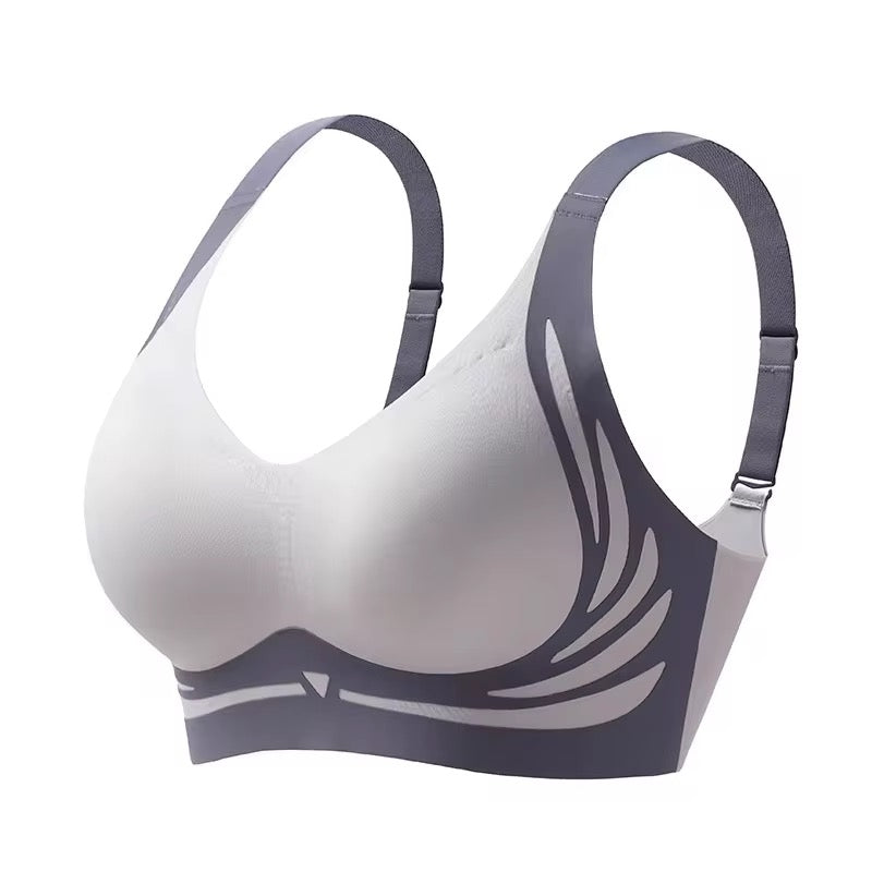 Gray and white sports bra on a white background