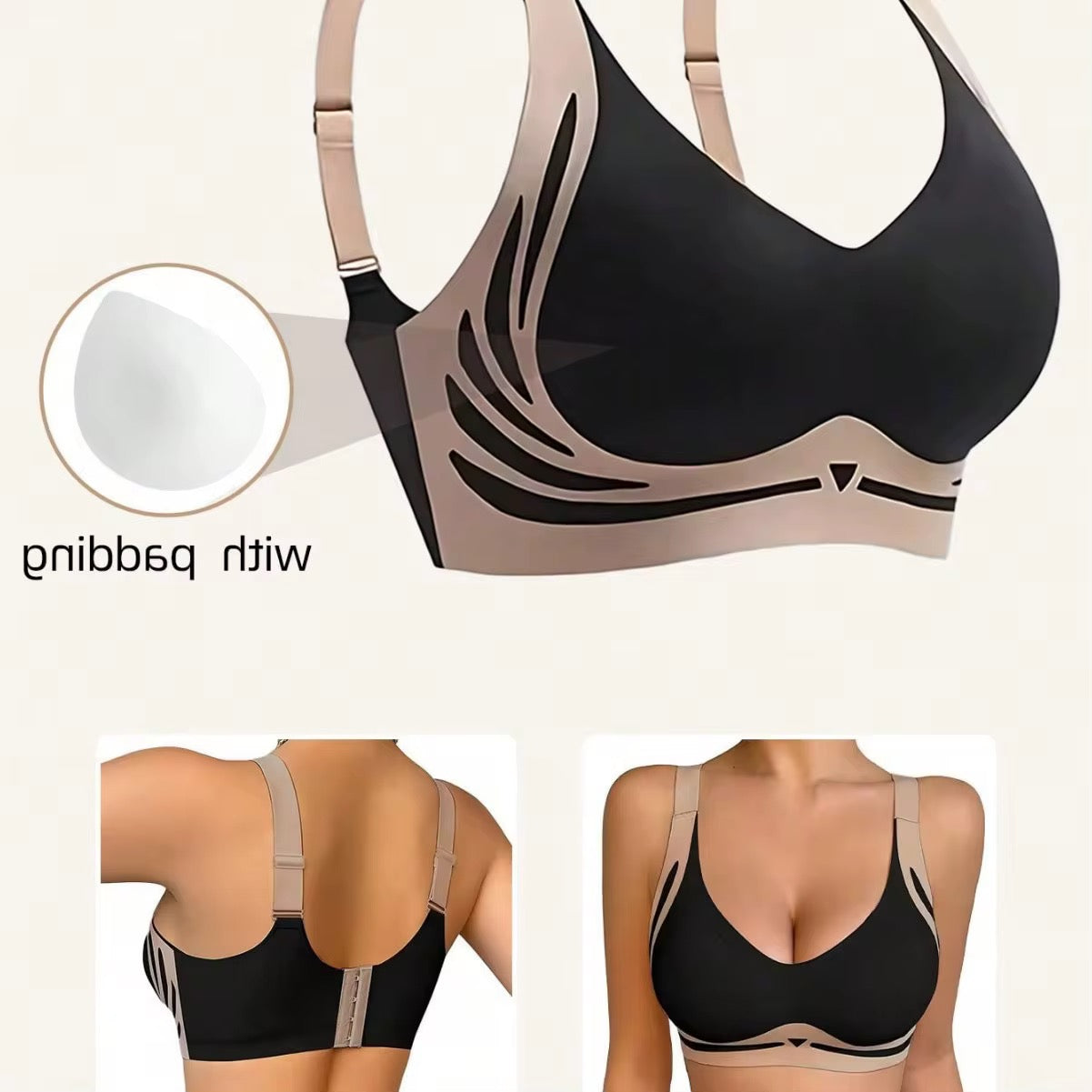 Black and beige bra with close-up and side views on a white background