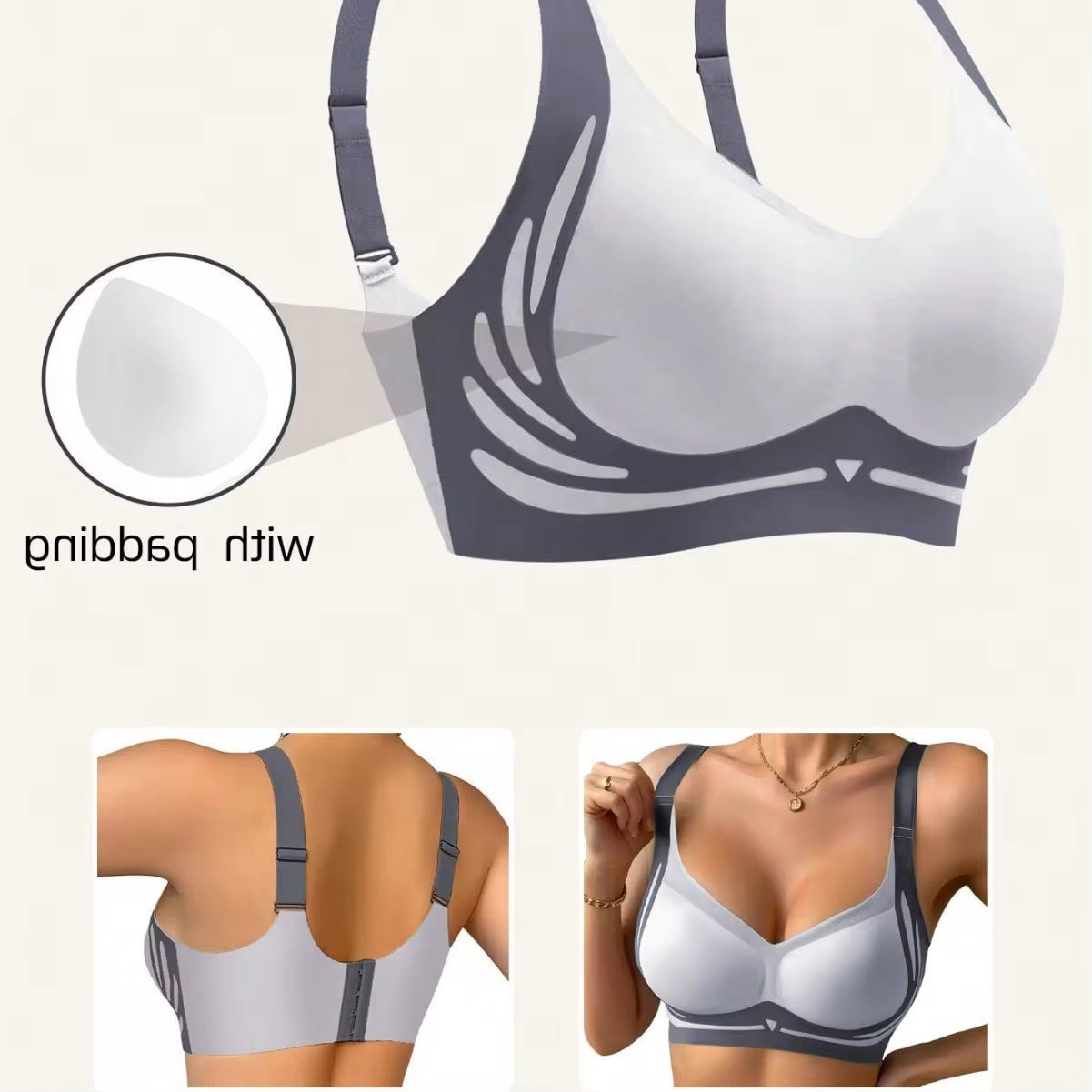 Gray and white bra with close-up details on a beige background