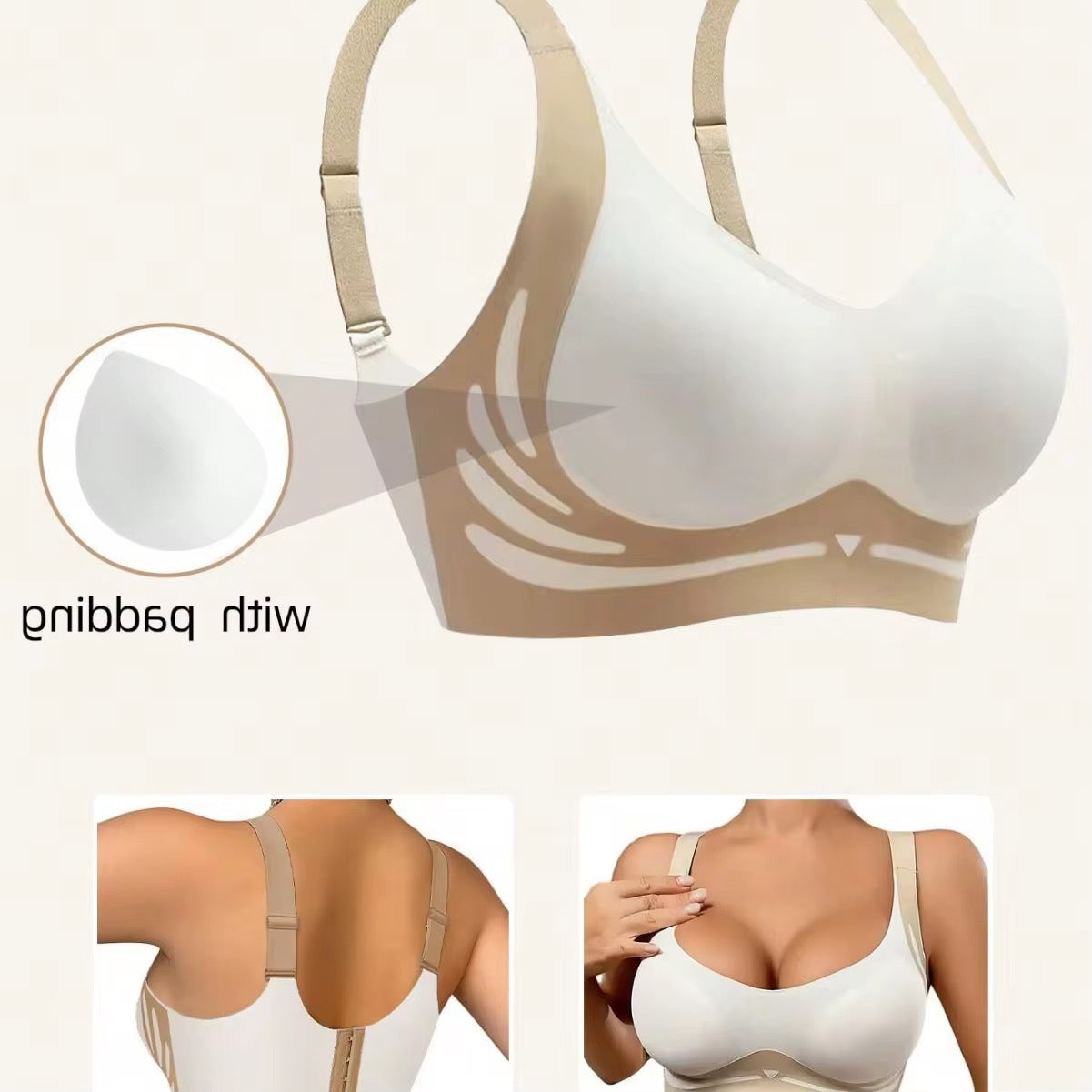 White and beige bra with close-up details on a light beige background