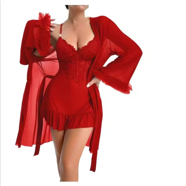 Red lingerie set with frills and a matching robe on a white background