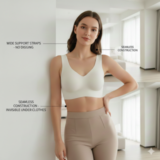 Woman wearing a white sports bra and beige leggings with text labels on a neutral background