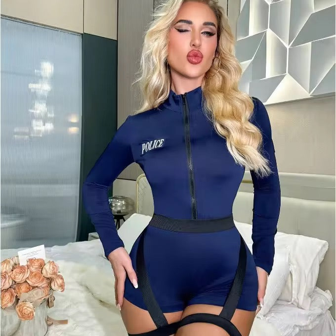Woman wearing a blue police-themed outfit in an indoor setting.