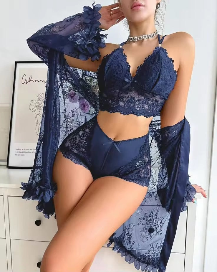 Intimate "Crimson Lace" 3-Piece Set – Bralette, Shorts & Sheer Robe