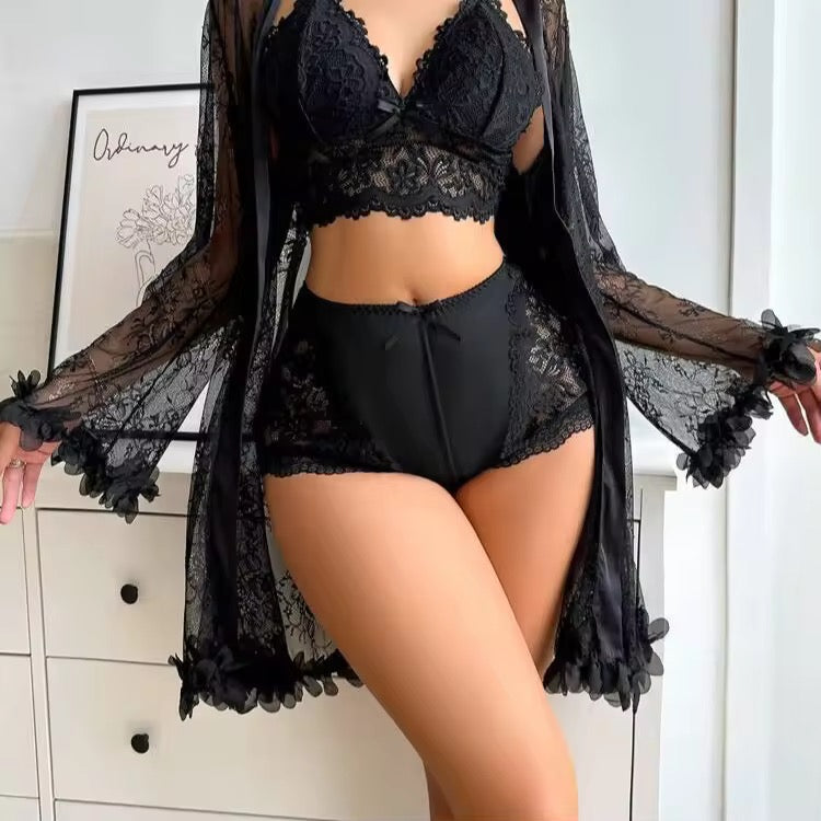 Intimate "Crimson Lace" 3-Piece Set – Bralette, Shorts & Sheer Robe