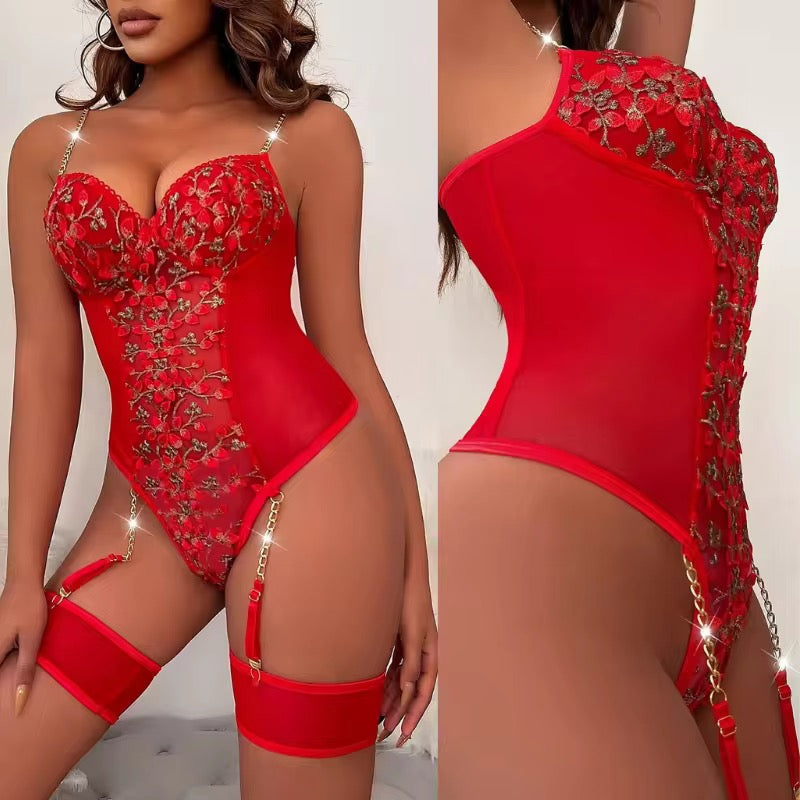 Intimate Sky Floral Garter Bodysuit | Blue Embroidery & Chain Straps