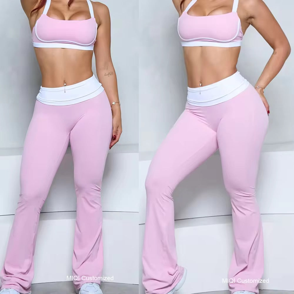 Two images of a person wearing pink athletic pants and sports bra set against a white background.