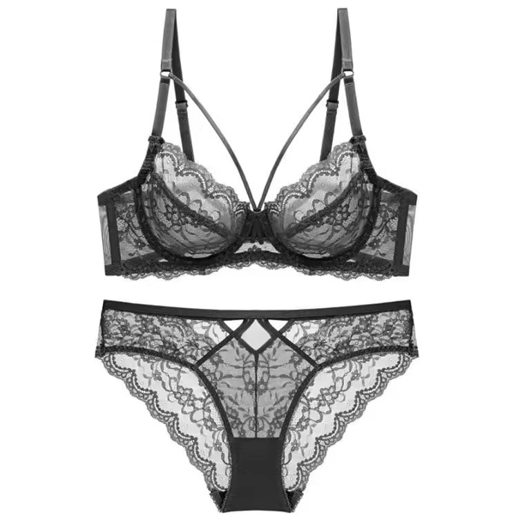 Black lace lingerie set on a white background