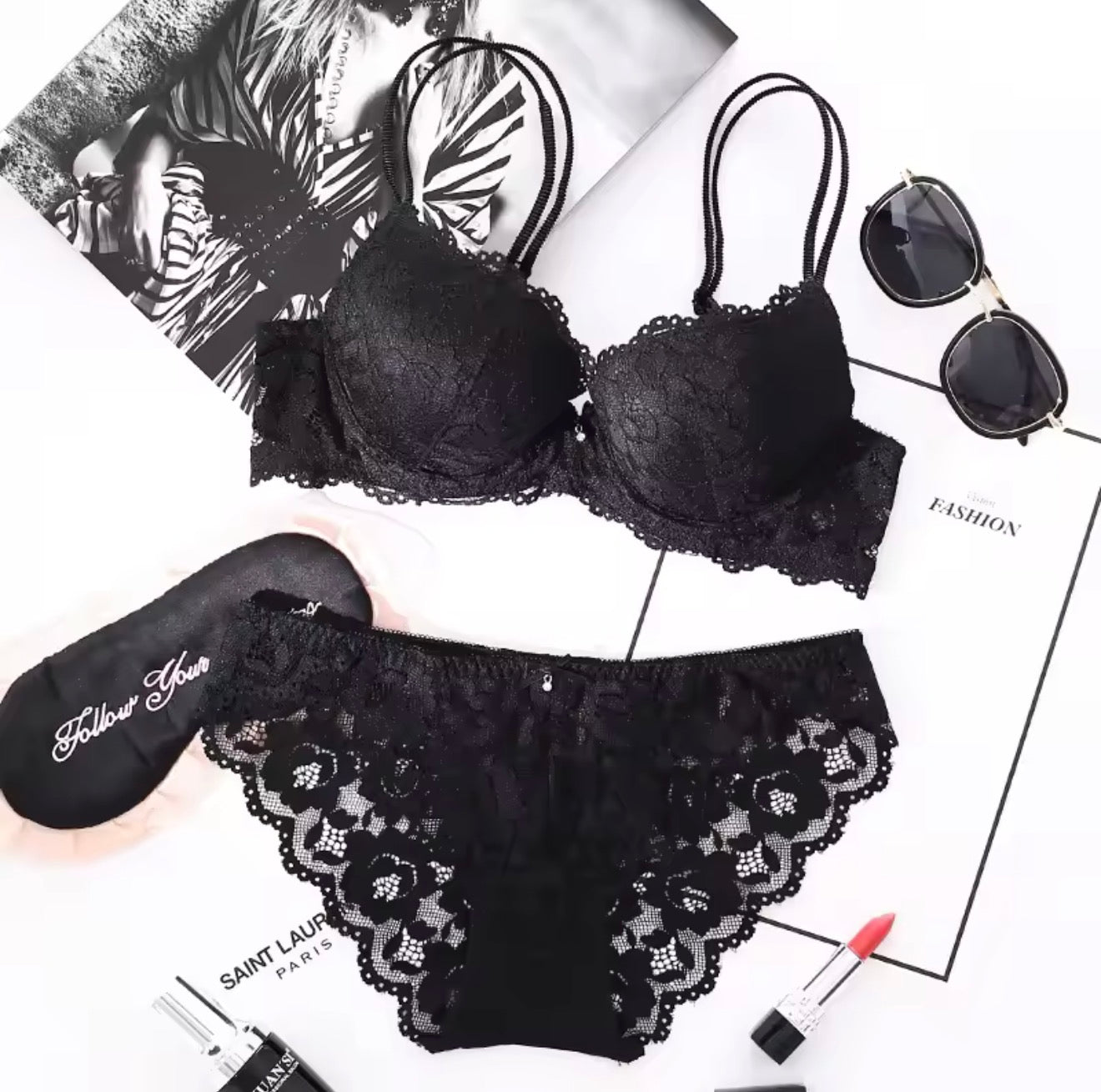 Victoria Secret Floral Lace Lingerie Set Double Strap Bra & Panty