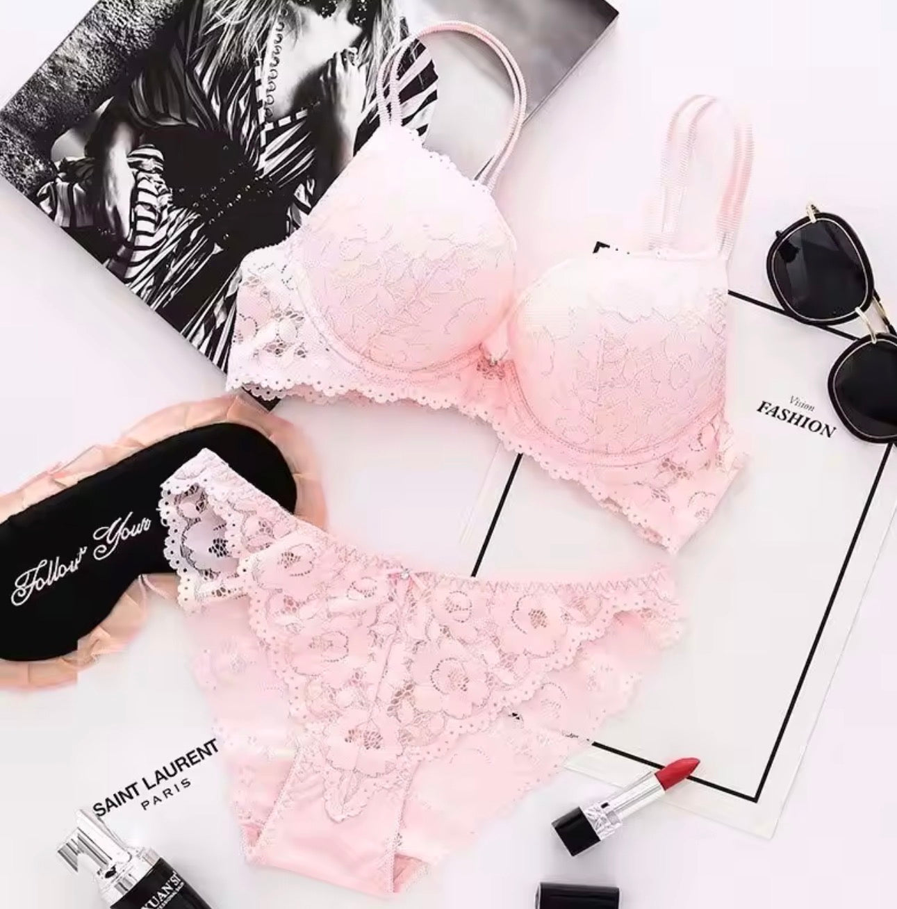 Victoria Secret Floral Lace Lingerie Set Double Strap Bra & Panty