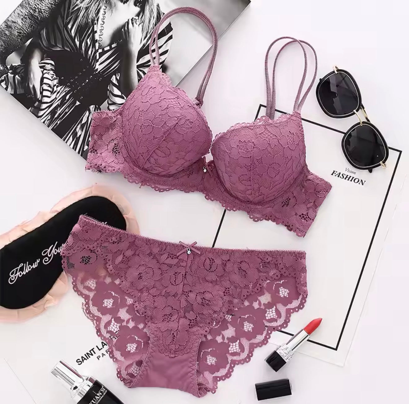 Victoria Secret Floral Lace Lingerie Set Double Strap Bra & Panty