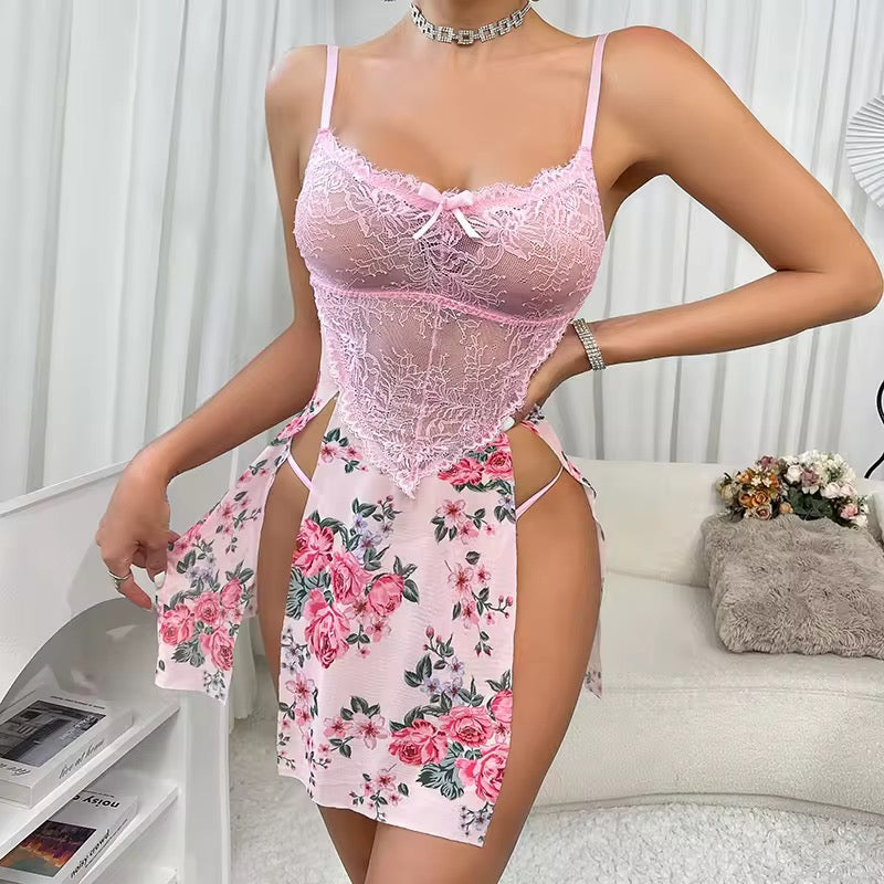 Intimate Floral Lace Babydoll Lingerie Set High Slit Nighty