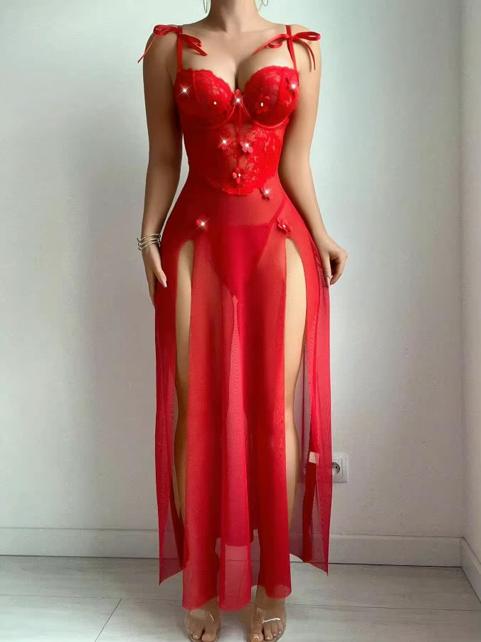 Intimate Floral Lace Long Nighty Set Sheer High Slit Gown