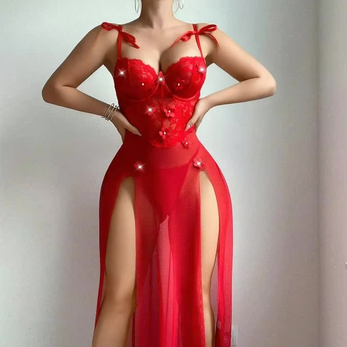 Intimate Floral Lace Long Nighty Set Sheer High Slit Gown