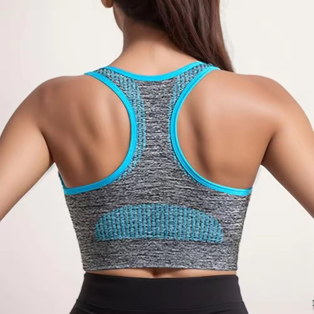 Gray and blue sports bra worn by a person on a plain background
