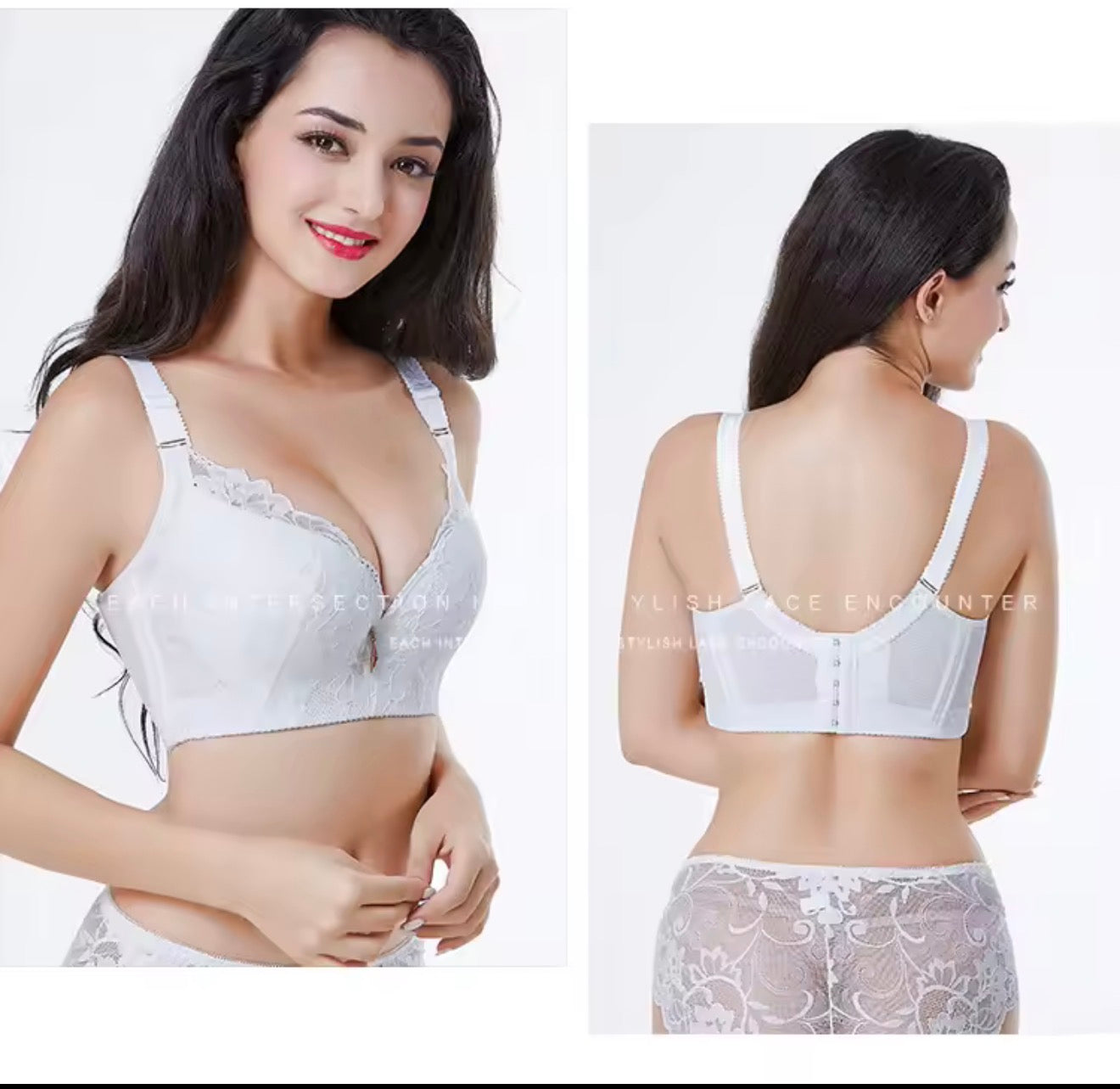 Woman wearing a white lace bra and panties set, shown from front and back.