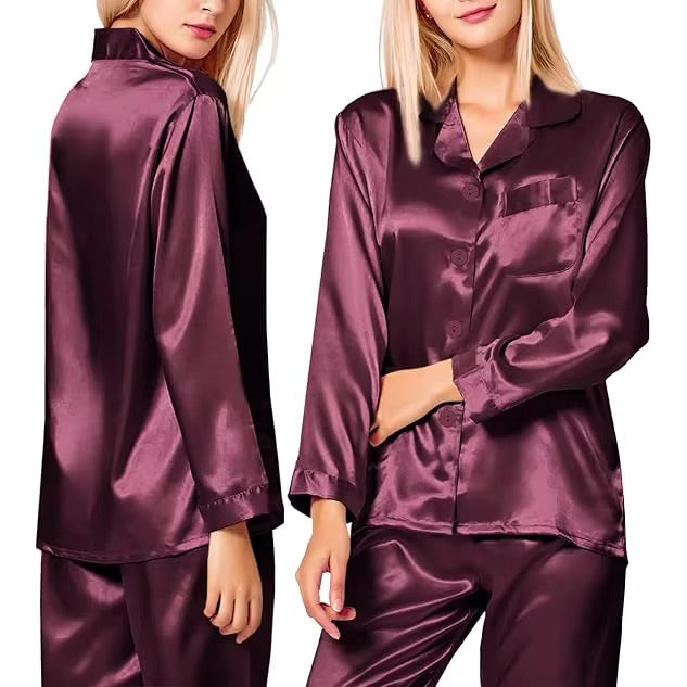 A woman modeling a satin pajama set in a deep plum purple color, shown in two views: a three-quarter back view on the left and a front view on the right, against a plain white background.