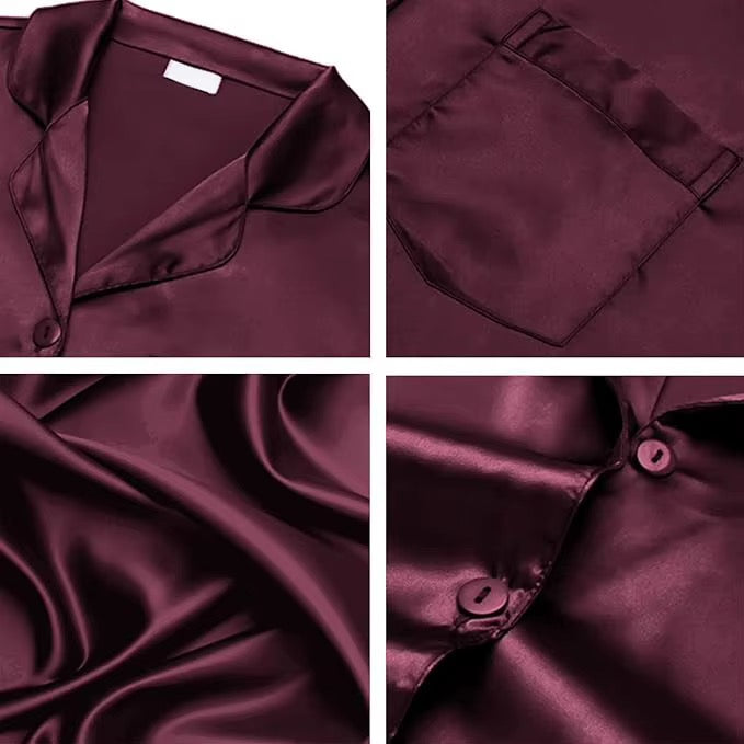 Collage of a burgundy satin garment with close-up details on a white background