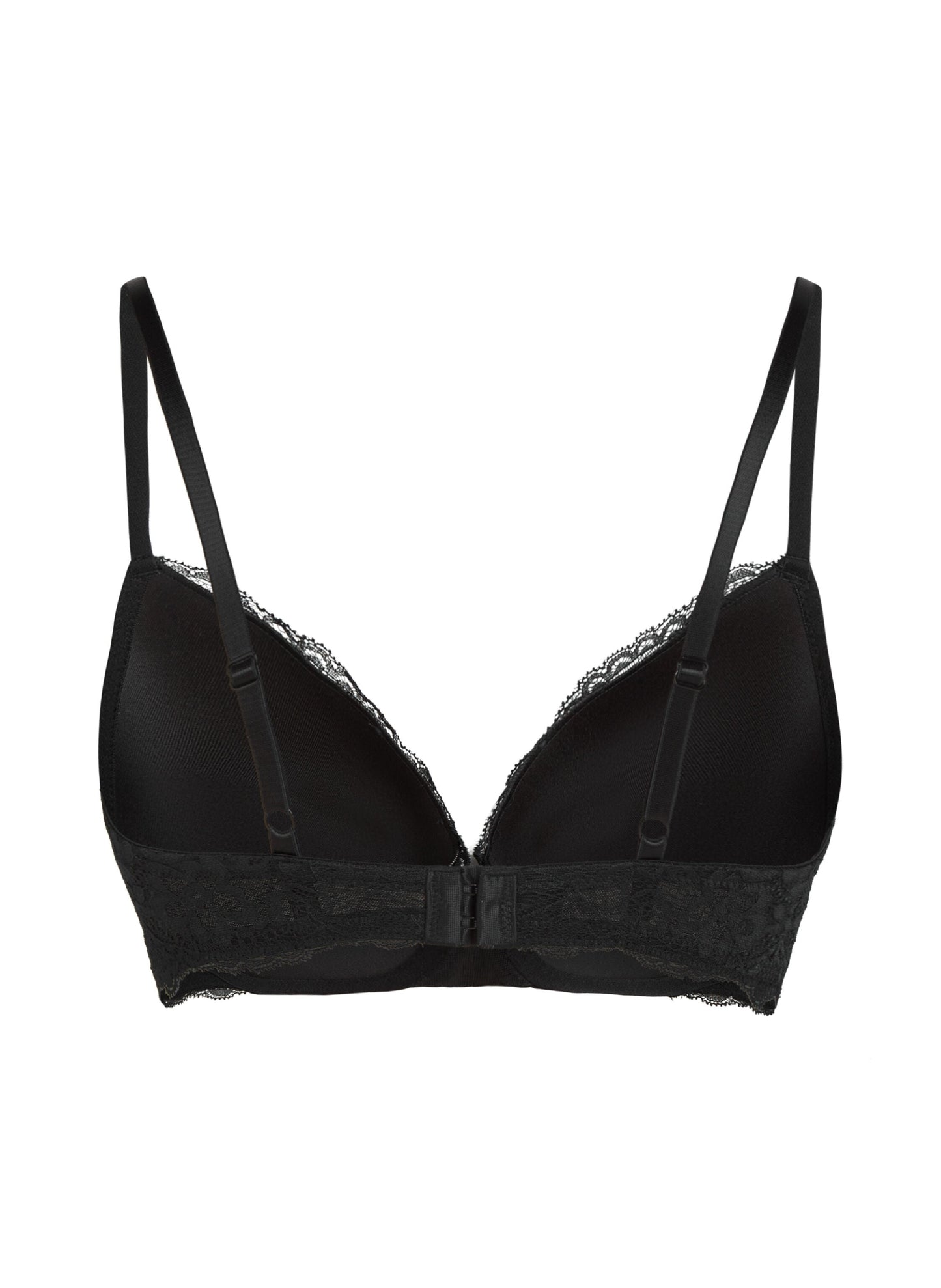 A black wireless bra with delicate lace trim along the underband and cup edges, displayed against a solid white background.