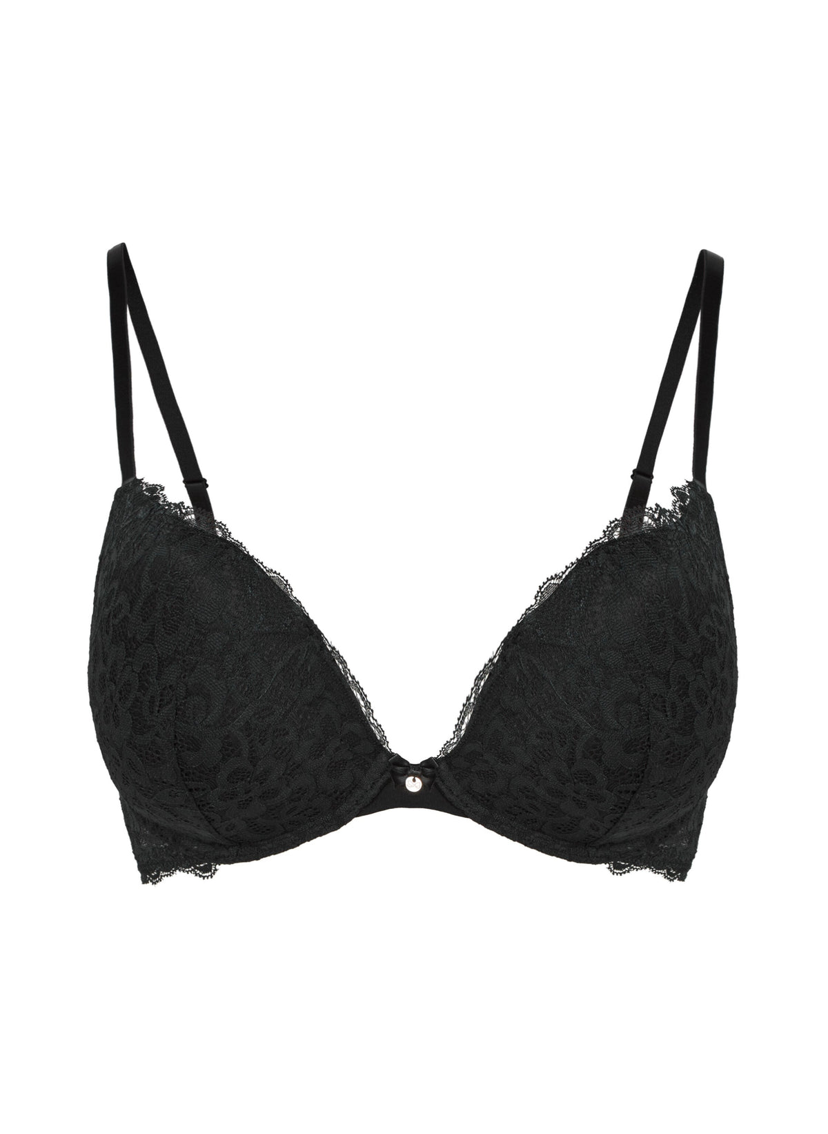 Black lace underwire bra with thin adjustable shoulder straps and a small central button, shown against a plain white background.