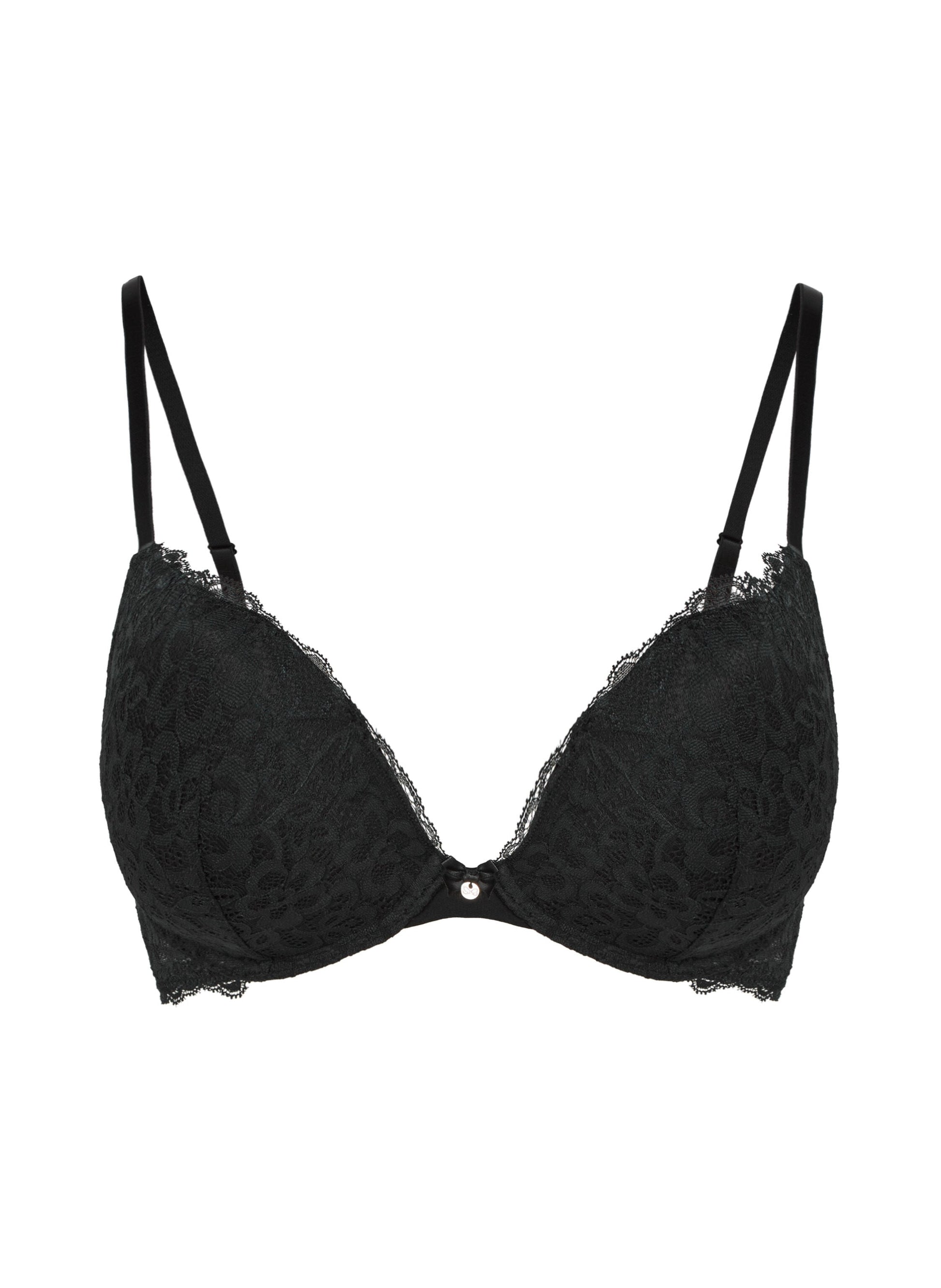 Black lace underwire bra with thin adjustable shoulder straps and a small central button, shown against a plain white background.