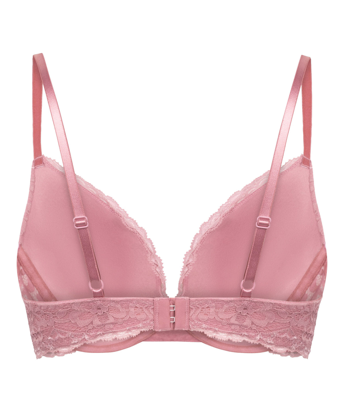 A light pink underwire bra with satin cups, delicate lace trim, adjustable shoulder straps, and a center hook-and-eye closure, shown against a plain white background.