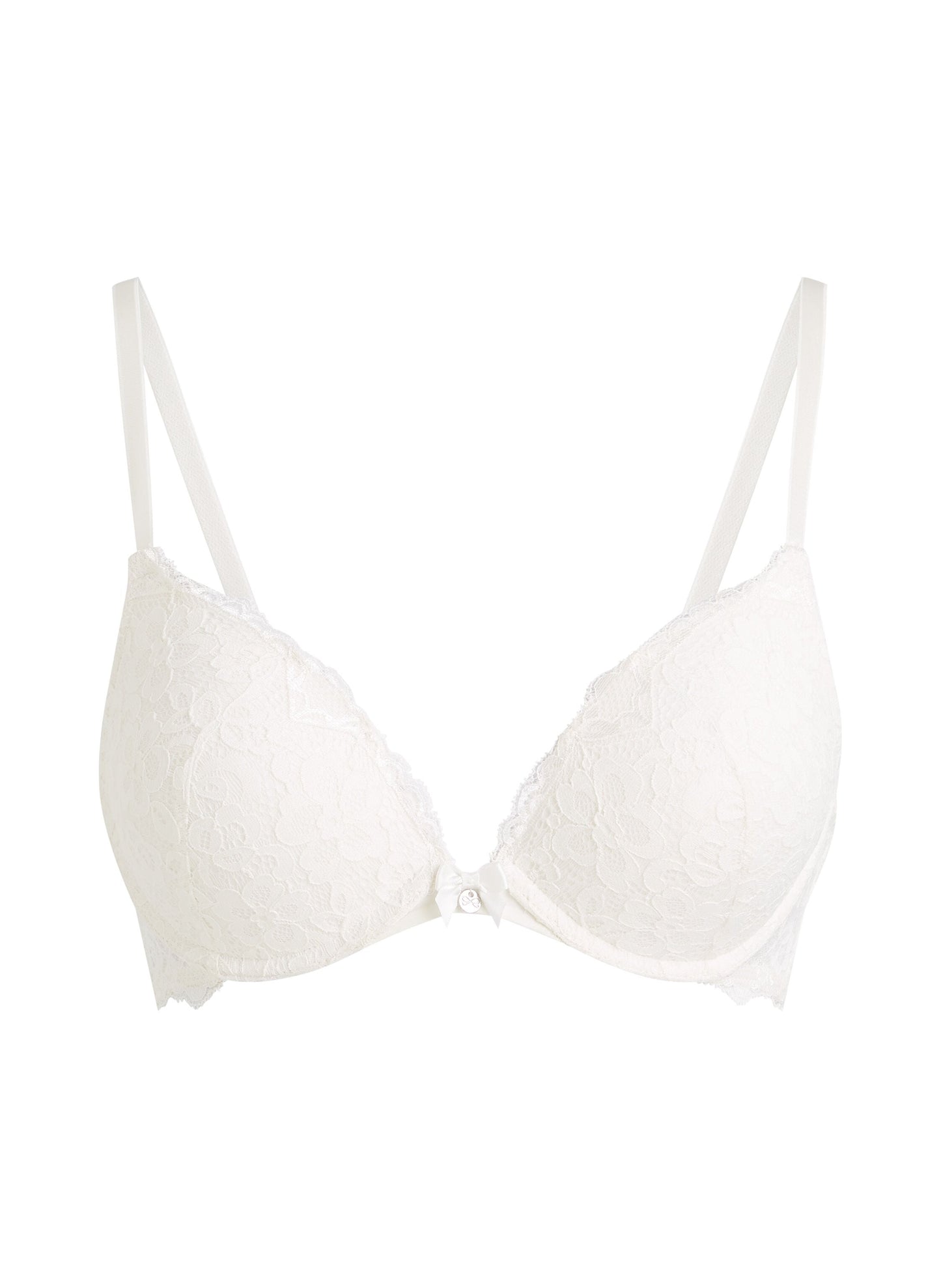 White lace underwire bra with thin adjustable shoulder straps and a small center clasp, shown on a plain white background.