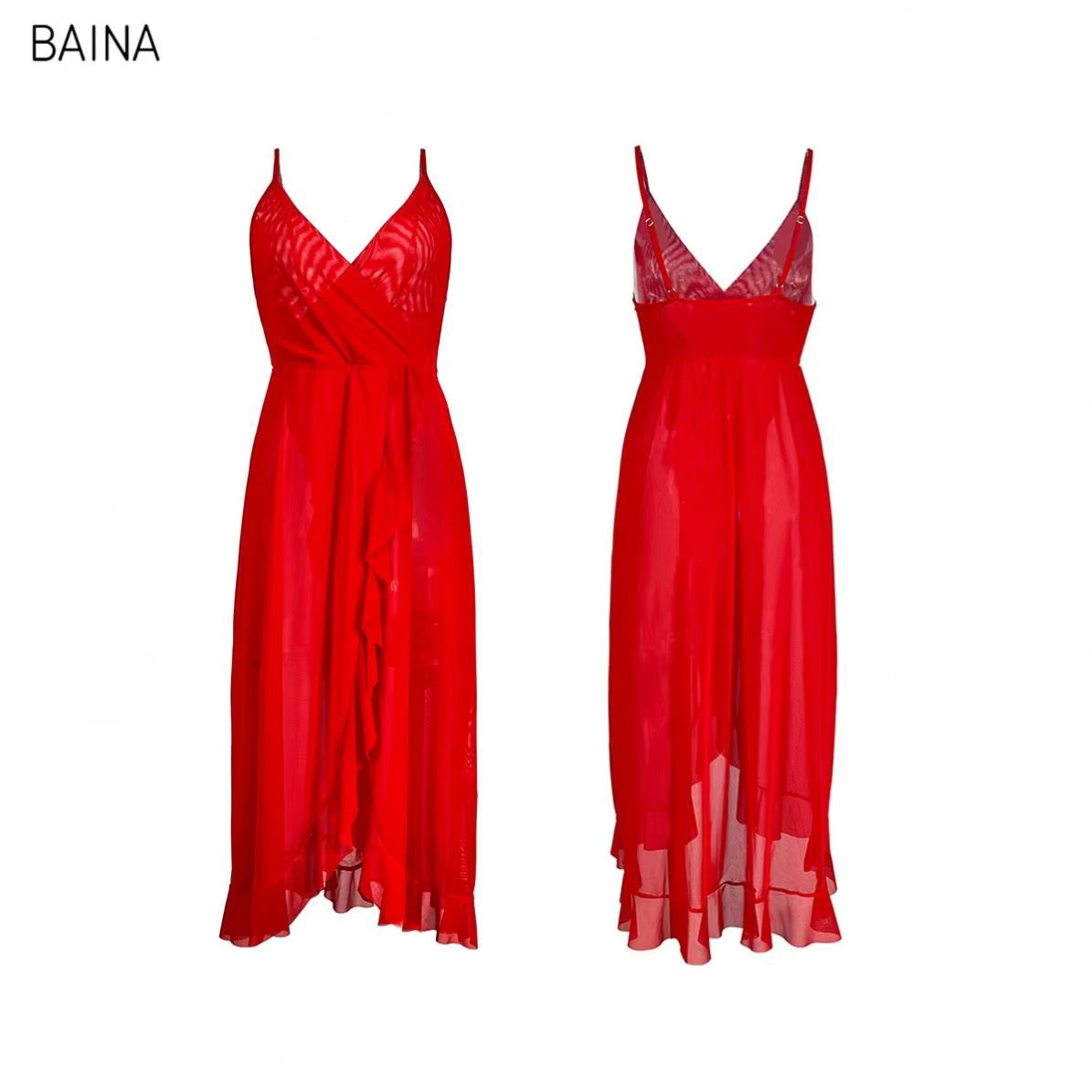 Two views of a red sheer maxi dress with a V-neckline and spaghetti straps, shown on a plain white background with the brand name BAINA in the top left corner.