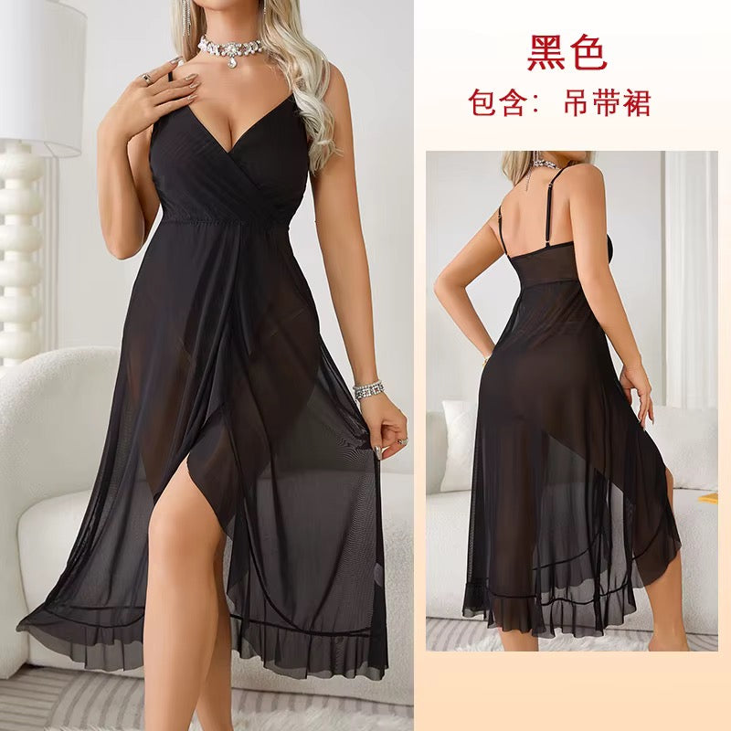 A black sheer midi dress with a wrap-style V-neck bodice, spaghetti straps, and a high slit, shown on a model from the front and back. The image includes Chinese text in the top right indicating the color and contents.