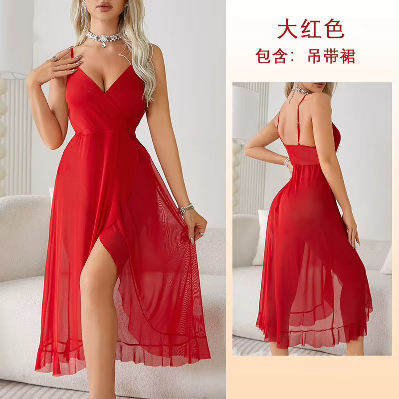Red dress with a slit shown from front and side on a neutral background