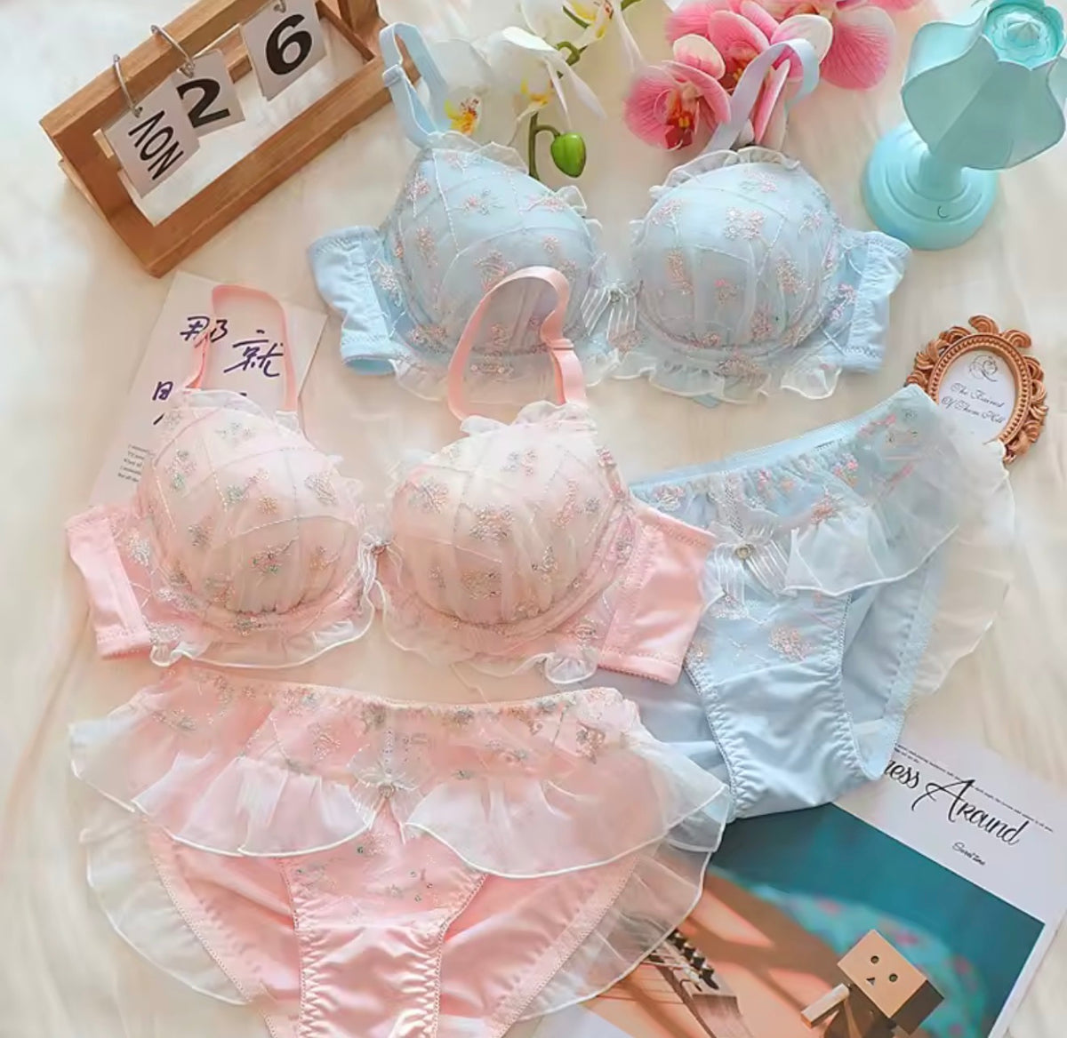 Intimate Pastels Floral Embroidered Ruffle Bra & Panty Lingerie Set