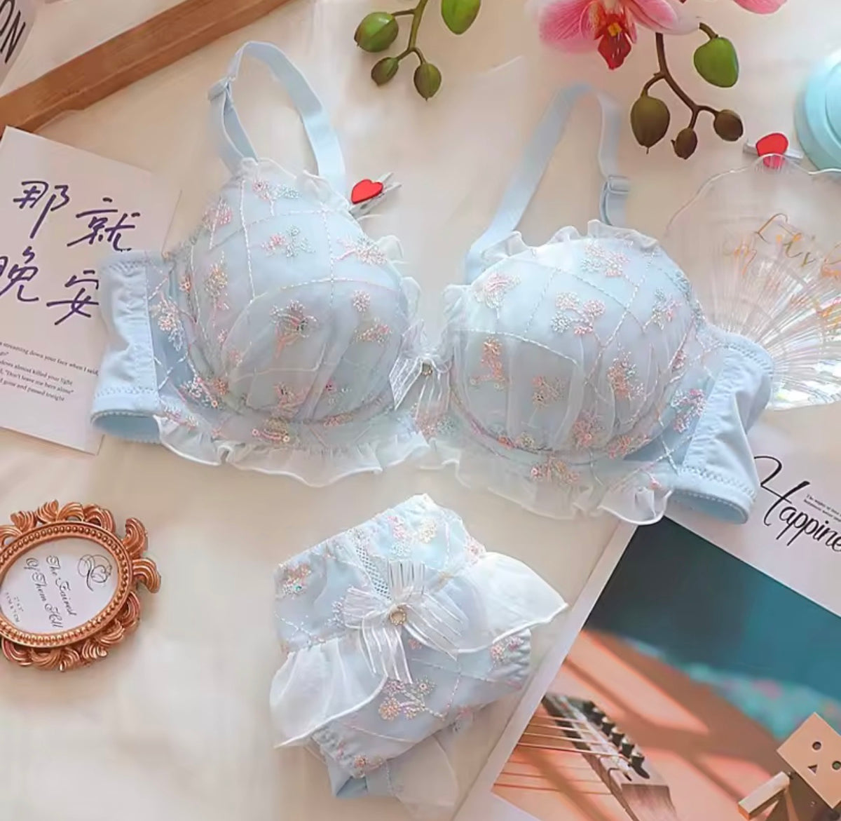 Intimate Pastels Floral Embroidered Ruffle Bra & Panty Lingerie Set