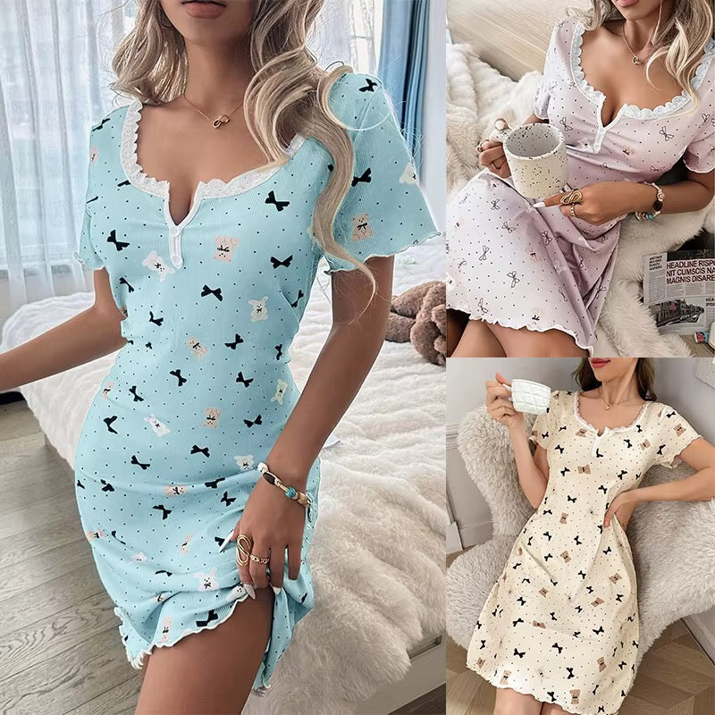Intimate Floral Lace V-Neck Nighty Loungewear Lingerie Dress