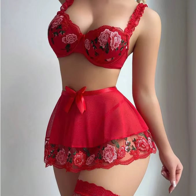 Intimate Red Rose Embroidered Bra & Skirt Lingerie Set